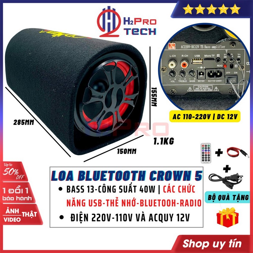 Loa Bluetooth Crown 5 Bass 13 Usb-Thẻ Nhớ-Radio Fm-Karaoke, Loa Cho Ô Tô Super Bass Nghe Nhạc Cực Hay - H2Pro Tech