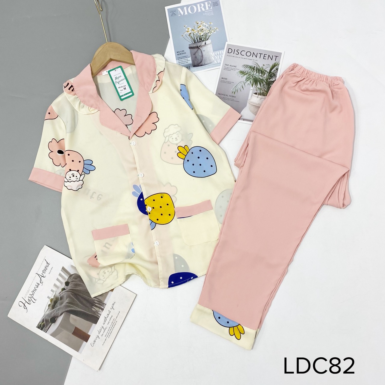 Bộ pijama lụa mango cộc dài cổ bèo