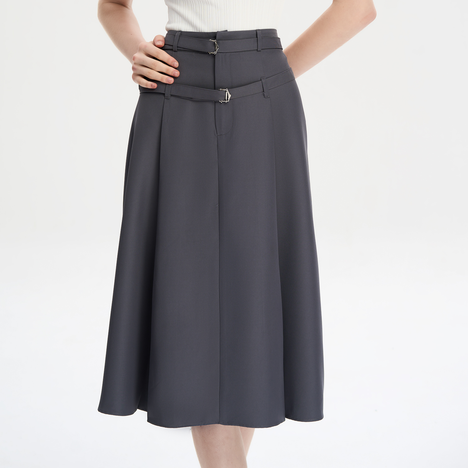 Chân váy midi xòe cotton lạnh dây lưng kiểu Maybi