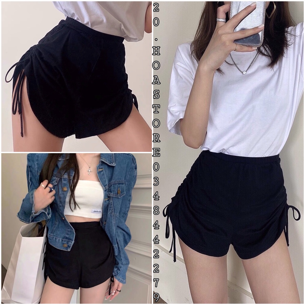 Quần đùi rút dây 2 bên hông cá tính tập gym nâng mông tôn dáng - quần short lưng cao rút dây hông màu đen