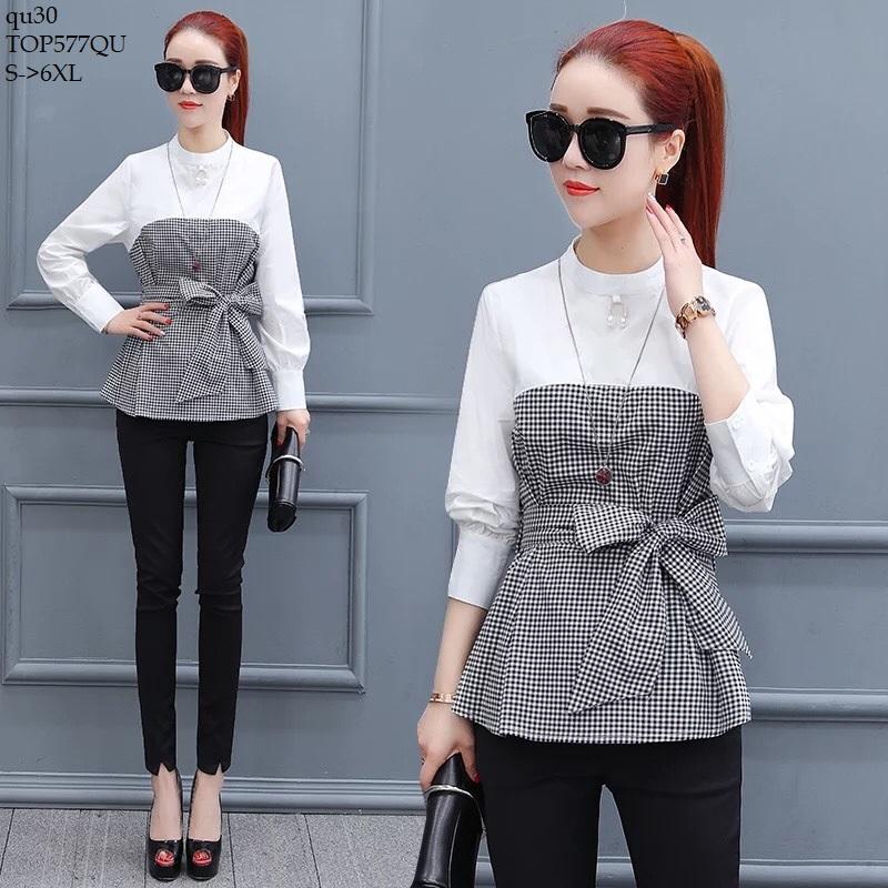TOP577QU ÁO SƠ MI NỮ PHỐI CARO