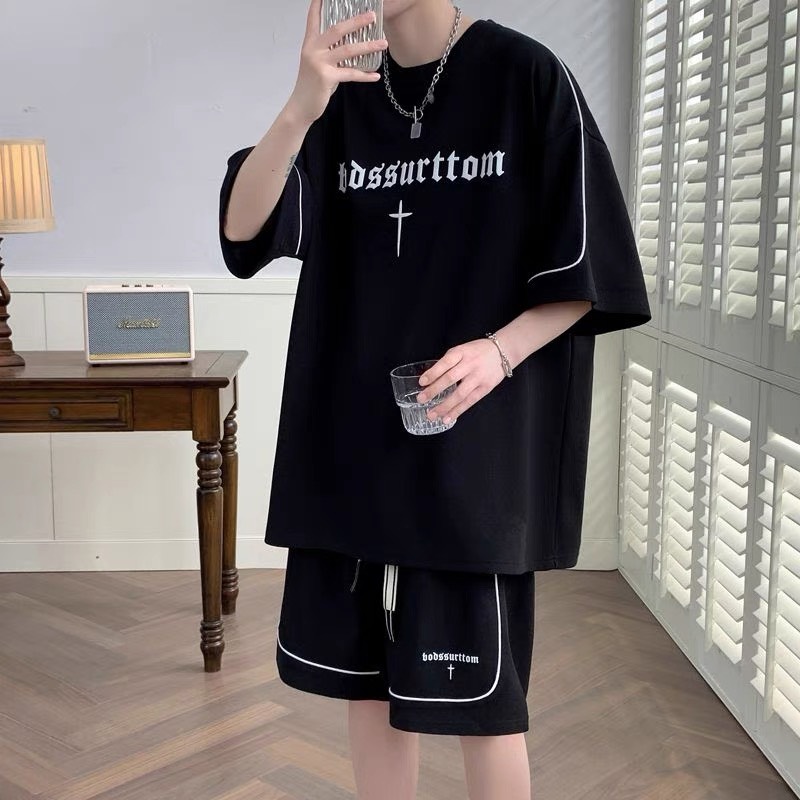 Esseotials men and women's fashion leisure elastic skinny cold fish skin T-shirt sets-cool Korean-style male and female toys