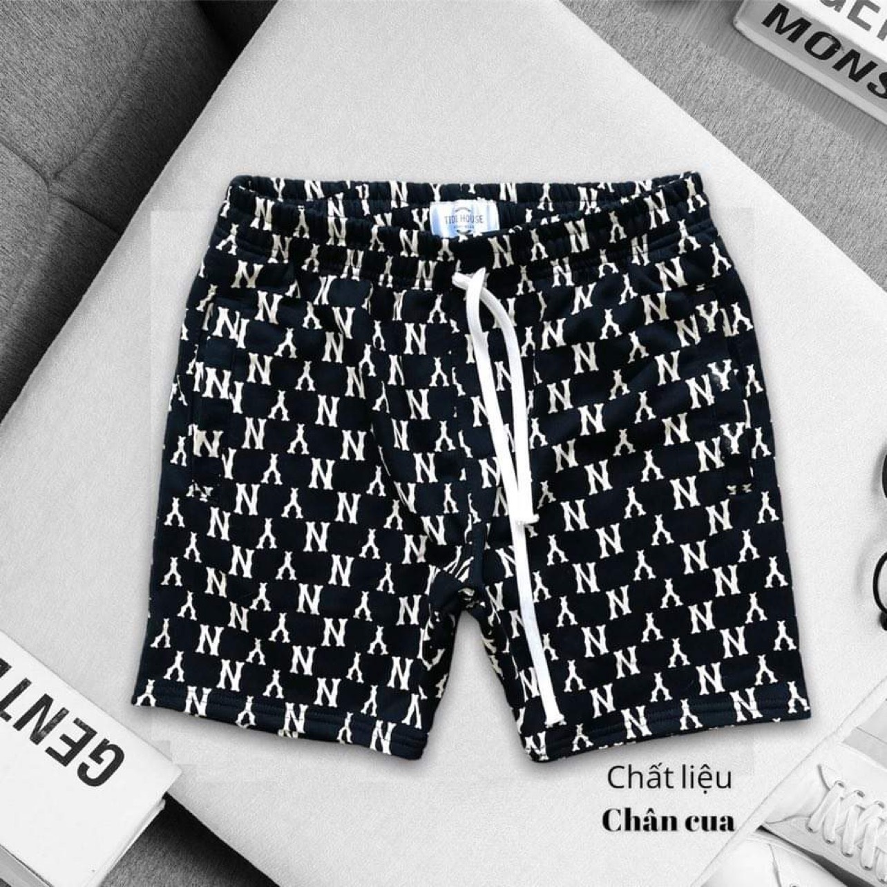Quần short thun da cá họa tiết champion ny unisex nam nữ form rộng