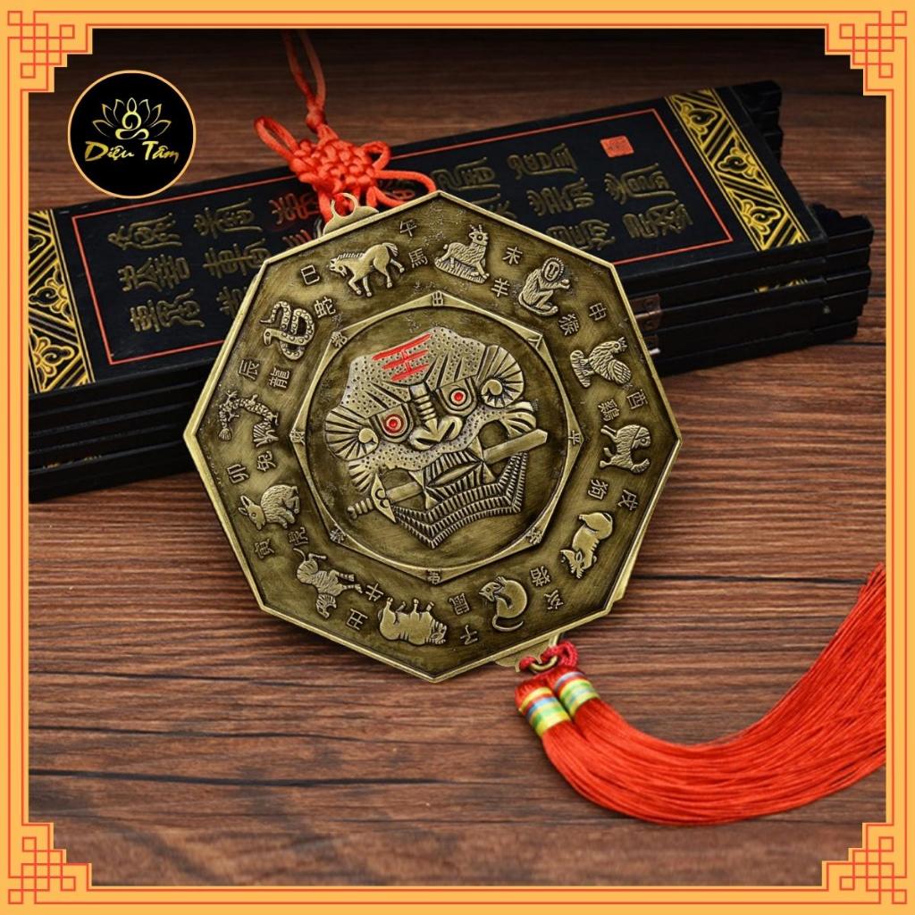 Gương Bát quái âm dương mặt sau hổ phù gương bát quái phong thủy có dây treo tâm kết