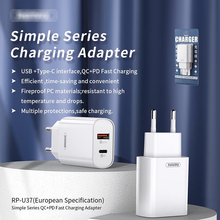 [HCM]Củ sạc nhanh cho iPhone iPad 18W USB-C chính hãng. CÓC SẠC REMAX RP-U37 TÍCH HỢP QC 3.0 VÀ PD 18W. Bảo hành 12 tháng