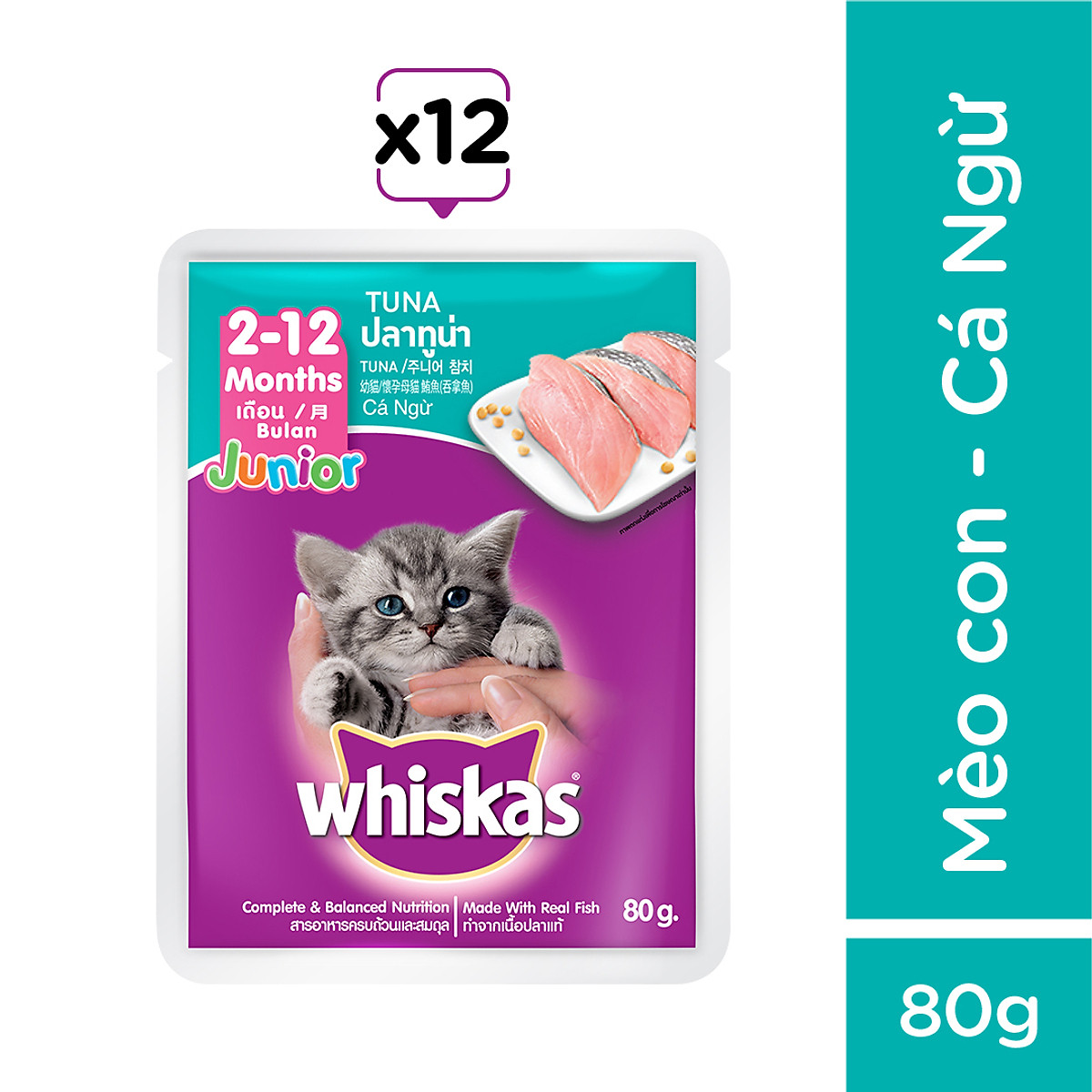 WHISKAS - COMBO 6+ 1 x 480gr/bao (vị cá ngừ) + 3 x 80gr/gói (Mix vị)