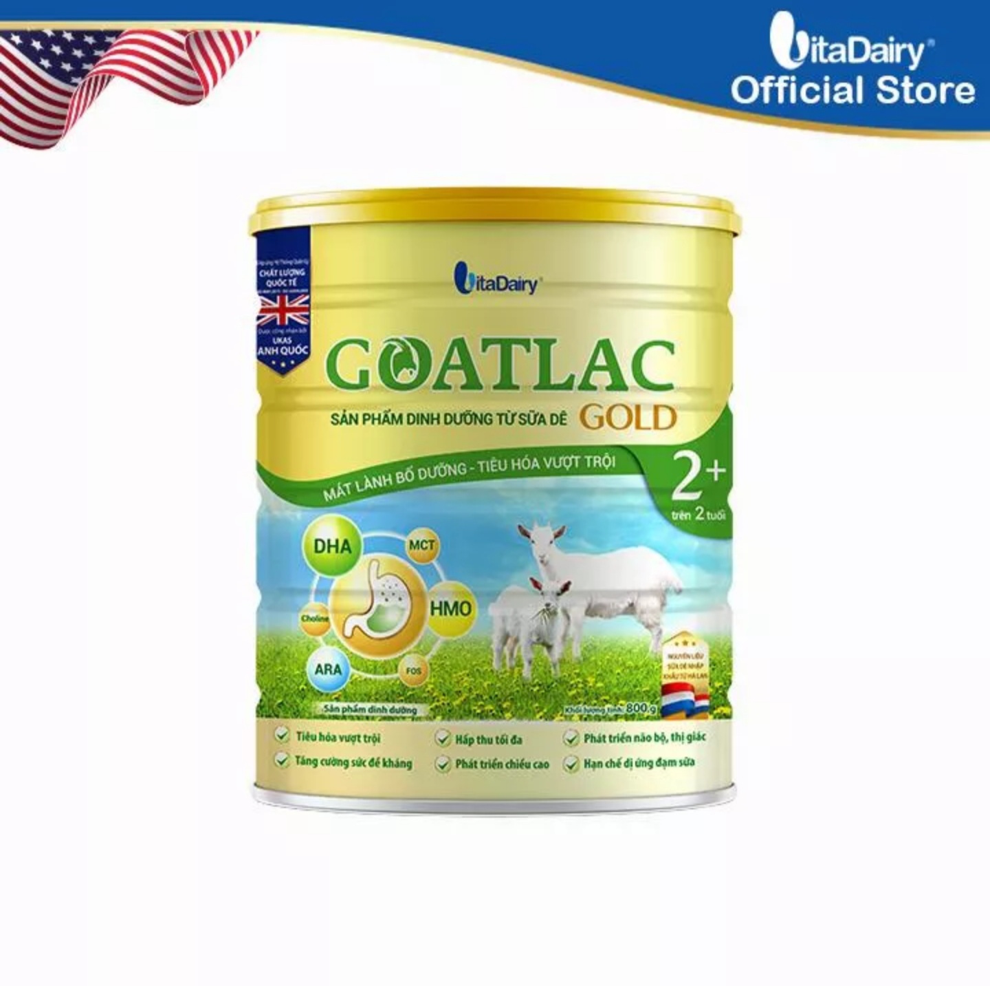 (HSD T8-2025) (Có Tích Xu) Sữa Dê Vitadairy Goatlac Gold 2+ 800g.
