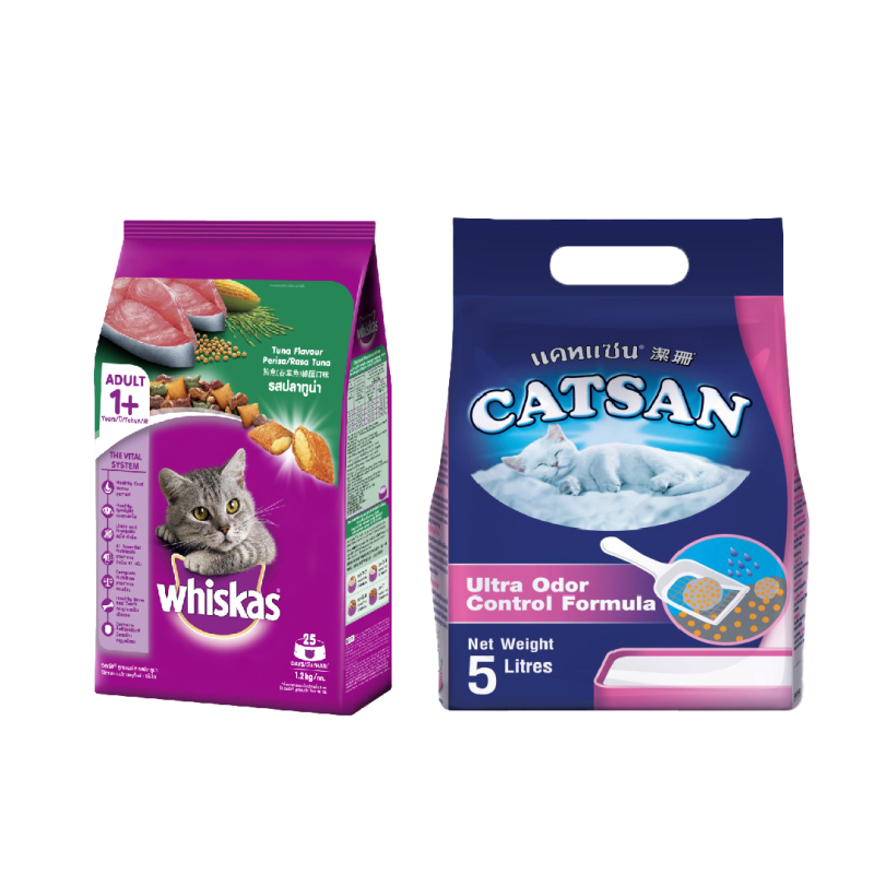Combo Thức Ăn Mèo Whiskas Vị Cá Ngừ 1.2 kg & Cát Vệ Sinh Catsan 5L