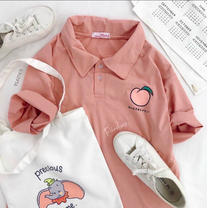 Áo Polo nữ form rộng Unisex LOGO QUẢ ĐÀO Freesize 45-70kg áo thun nam form rộng tay lỡ áo phông nữ form rộng