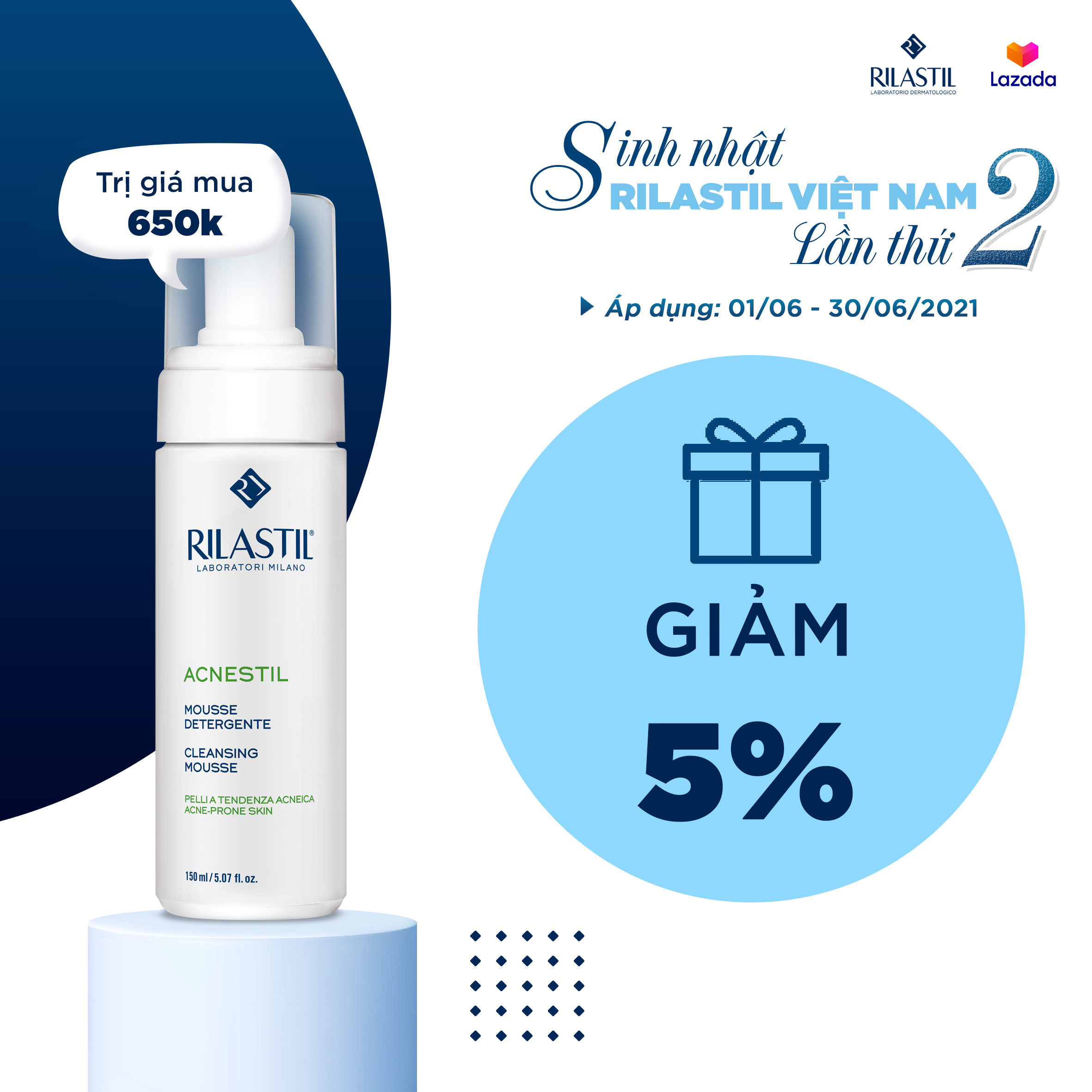 Bọt rửa mặt dành cho da mụn Rilastil Acnestil Face Cleansing Mousse 150ml