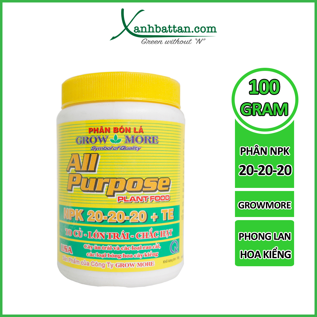 Phân Bón NPK Growmore All Purpose 20-20-20+Te Lọ 100 Gram