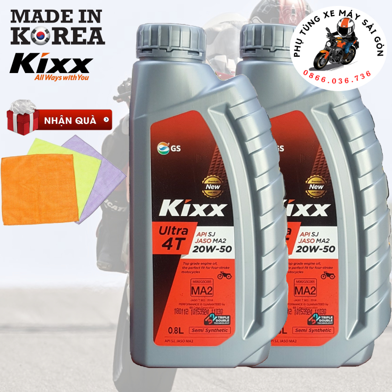 Nhớt Kixx Ultra 4T 20W50 800ml dành cho xe số côn tay - Nhập khẩu Hàn Quốc [Mua 5 tặng 1 phểu]