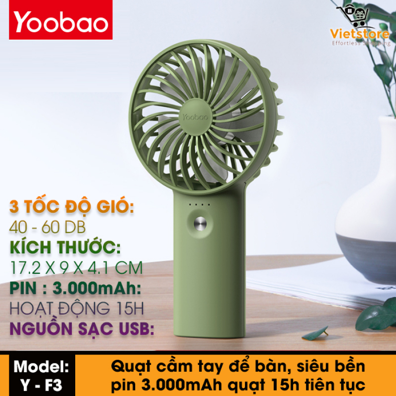 Quạt mini cầm tay hoặc để bàn Yoobao F3 tích điện pin sạc siêu bền 3000-6000mAh hoạt động liên tục từ 15-32h với 3 chế độ gió tùy chỉnh