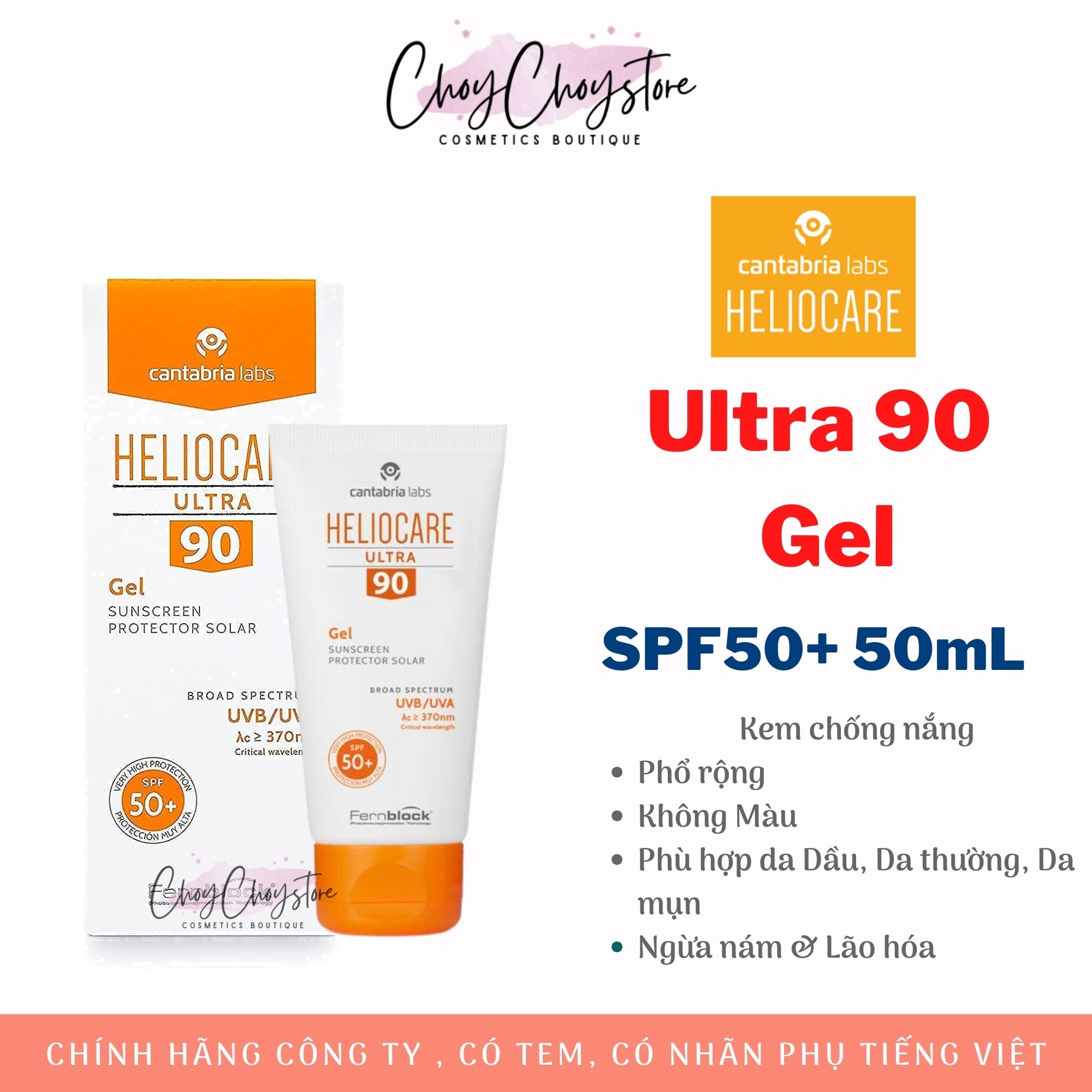 Kem Chống Nắng Heliocare Ultra 90 Gel SPF50+ 50mL Ngừa Nám, Bảo Vệ Da