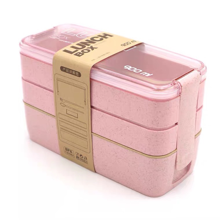 Hộp đựng cơm Lunch box lúa mạch ba tầng kèm đũa thìa cao cấp