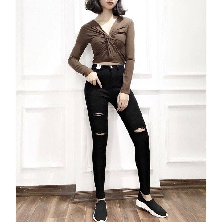 Quần jean nữ lưng cao RÁCH GỐI ĐEN BÊN 2 BÊN 1 chất giãn siêu đẹp RG-3-21