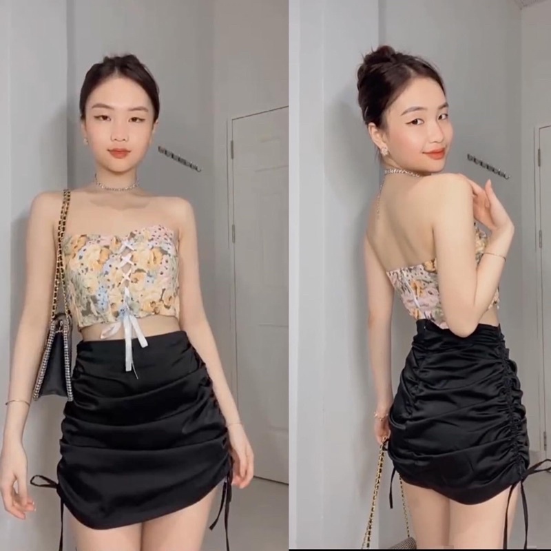 Áo Corset top gấm hoa đan dây [Shi.Lingerie]