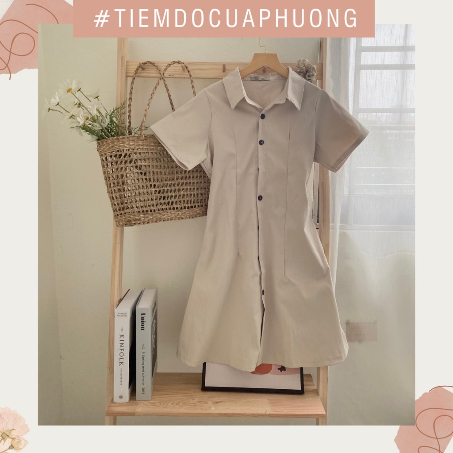 Váy/đầm sơ mi dáng suông chất kaki mềm có chun lưng
