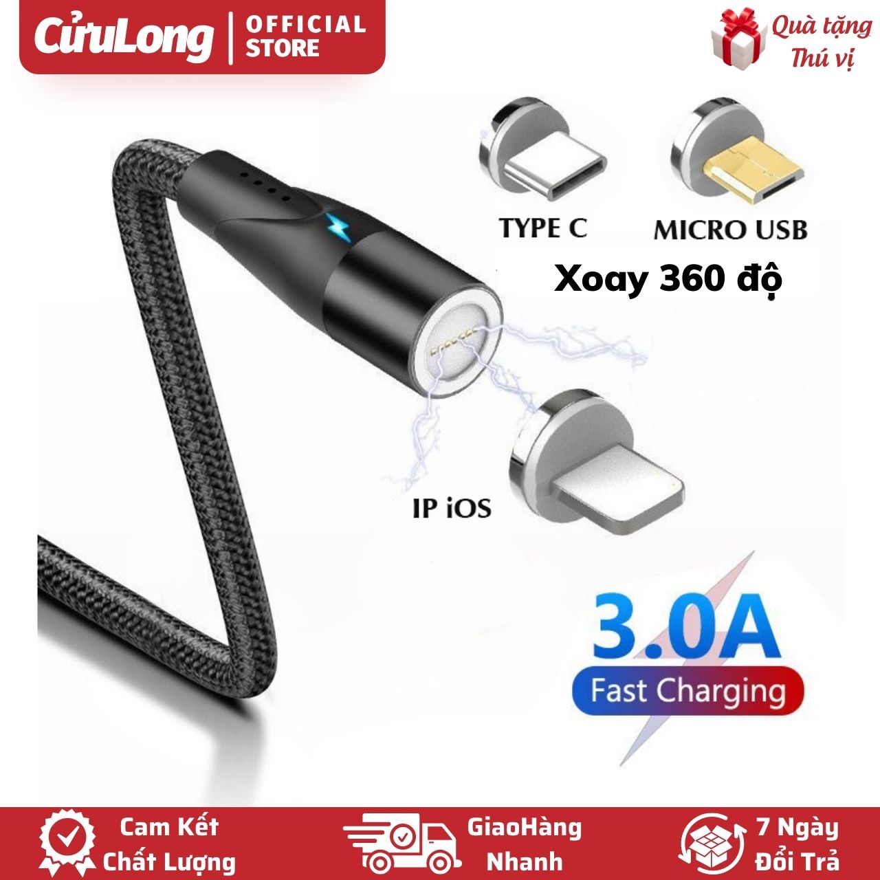 Cáp Sạc Nhanh Từ Tính 3A, dây sạc bọc dù bền chống gãy gập đầu nam châm hít mạnh, dây sạc nhanh 3 đầu đa năng xoay 360