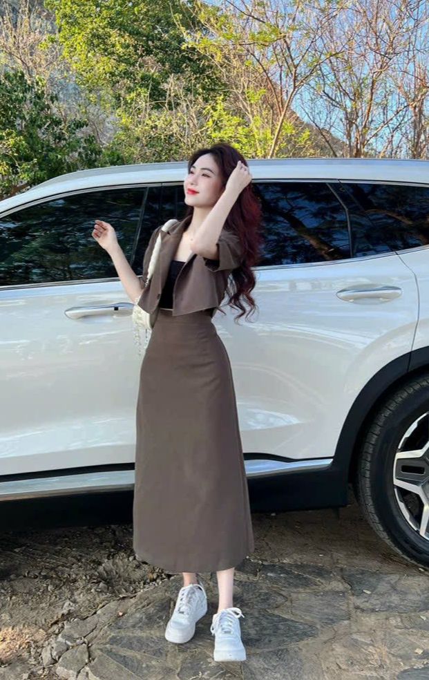 Set nữ Style Hàn Quốc áo khoác vest croptop chân váy midi dáng suông áo thun ống set tiểu thư vải cotton thanh lịch