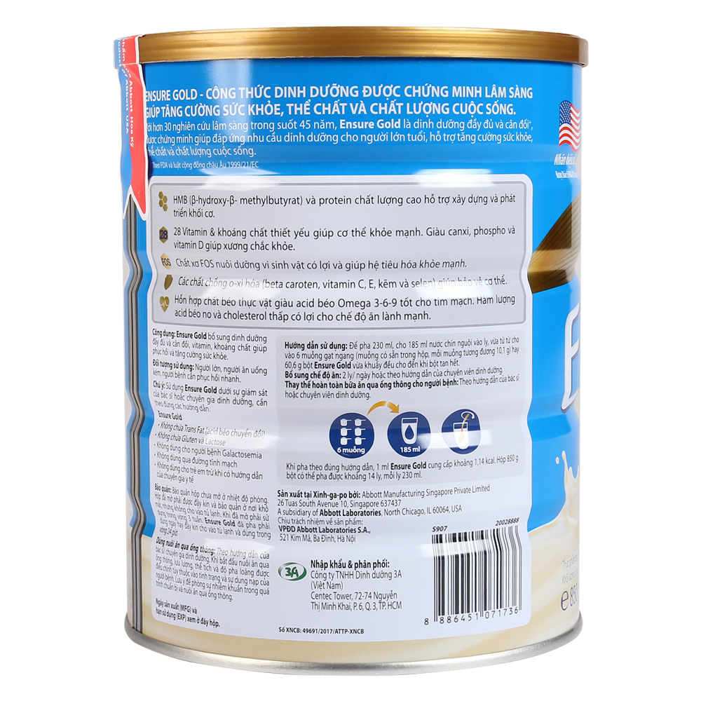 Sữa Bột Ensure Gold Vani Ít Ngọt Lon 800g