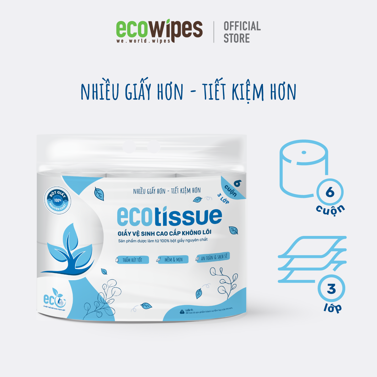 Giấy Vệ Sinh Cao Cấp 3 Lớp EcoTissue - Lốc 6 cuộn