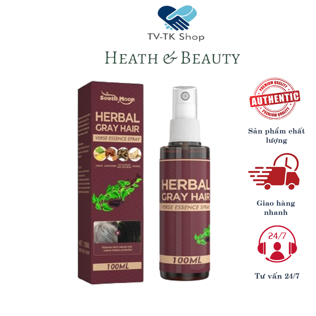Xịt đen tóc herbal, tinh chất linh chi đen tóc herbal, herbal gray hair, serum phủ bạc làm đen tóc 100ml