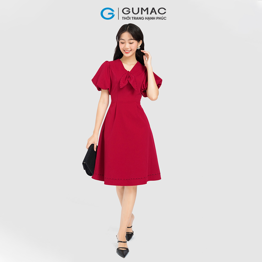 Đầm form A GUMAC, đầm nơ cổ phối chỉ DC08037