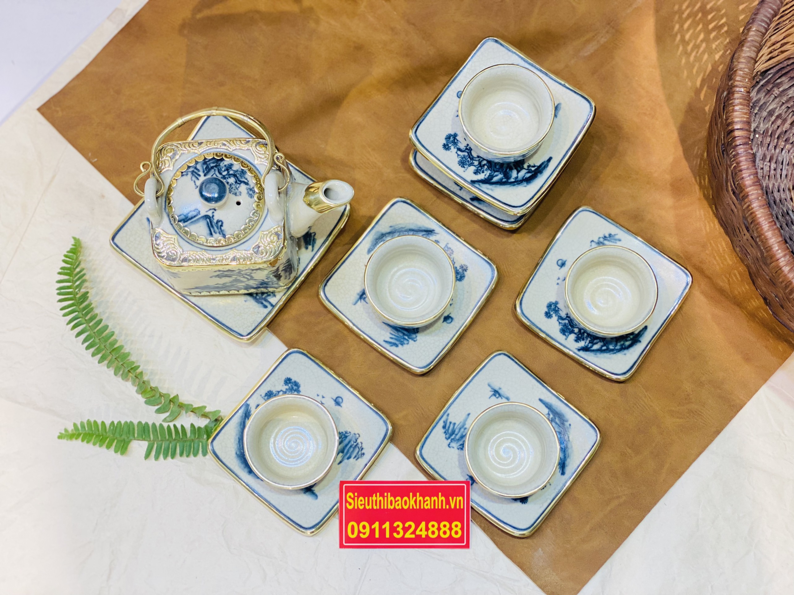 Bộ ấm chén,ấm trà men rạn bọc đồng Bát Tràng 350ml