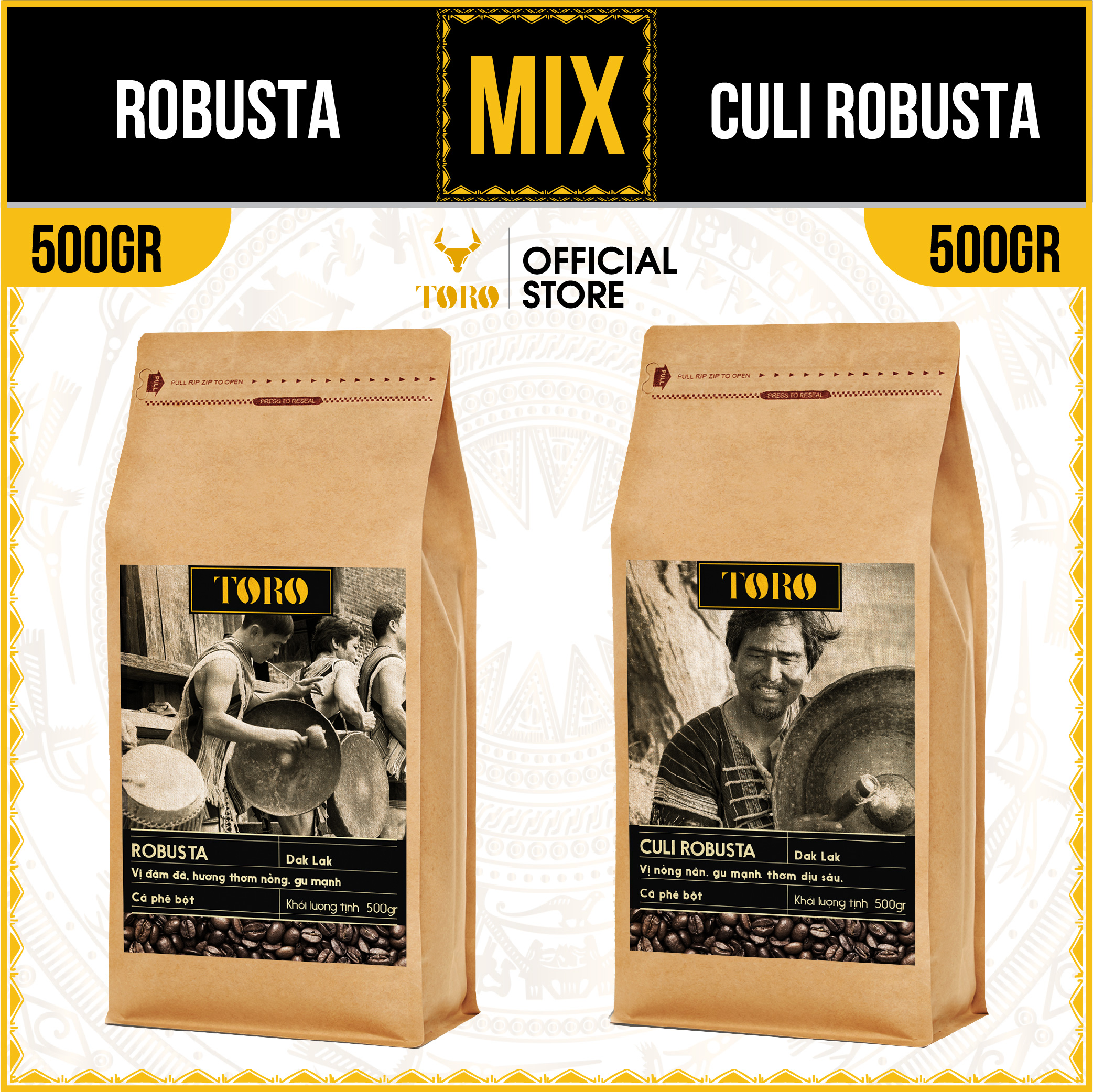 1KG Bộ Mix Cà Phê Bột Toro Robusta & Culi Robusta Nguyên Chất 100% 500GR