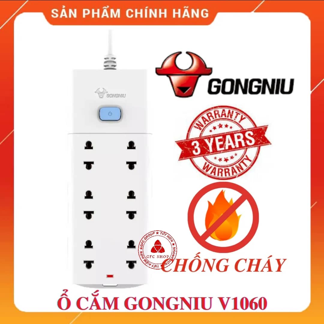 BÁO GIÁ Ổ CẮM ĐIỆN GONGNIU 6 LỖ 1 CT V1060(3M,GNVN) | Shopee Lazada Sendo Tiki mới nhất 2 Ổ Cắm Điện Gongniu V1060 6 Ổ 1 Công Tắc - Dây 3m hoặc 5m - Công suất 2500W/10A