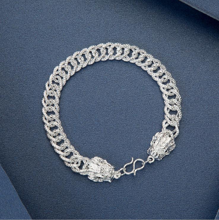 Lắc Bạc Nam - Lắc bạc đẹp Trang Sức Bạc Nam Lắc Tay Bạc Nam 2 Đầu Rồng Bản Dẹt cá tính mạnh mẽ