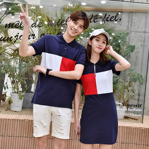 Đầm thun đôi xanh viền trắng đỏ