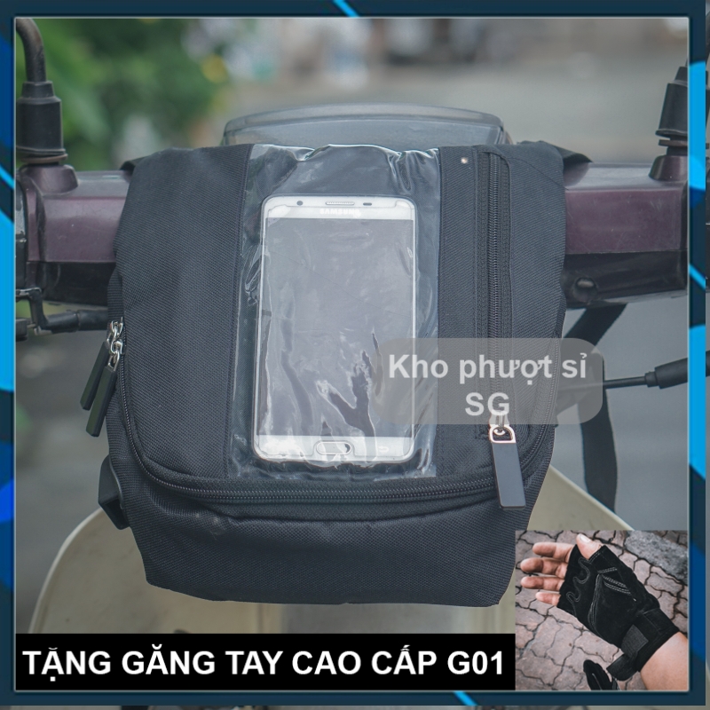 Túi dọc đựng điện thoại cảm ứng treo đầu xe máy chạy Grab - giao hàng màu đen - Túi Grap treo đầu xe máy kèm găng tay SWAT G01 cụt ngón