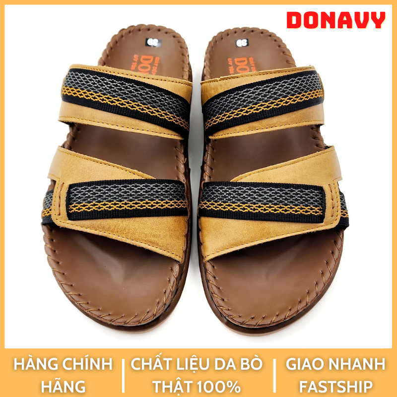 Dép Nam Da Bò DONAVY Cao Cấp, Thiết Kế 02 Kép (Da+Dù), May Full Handmade 2 Lần, Có 3 Màu  (Đen+Nâu+Bò) D.DLDU