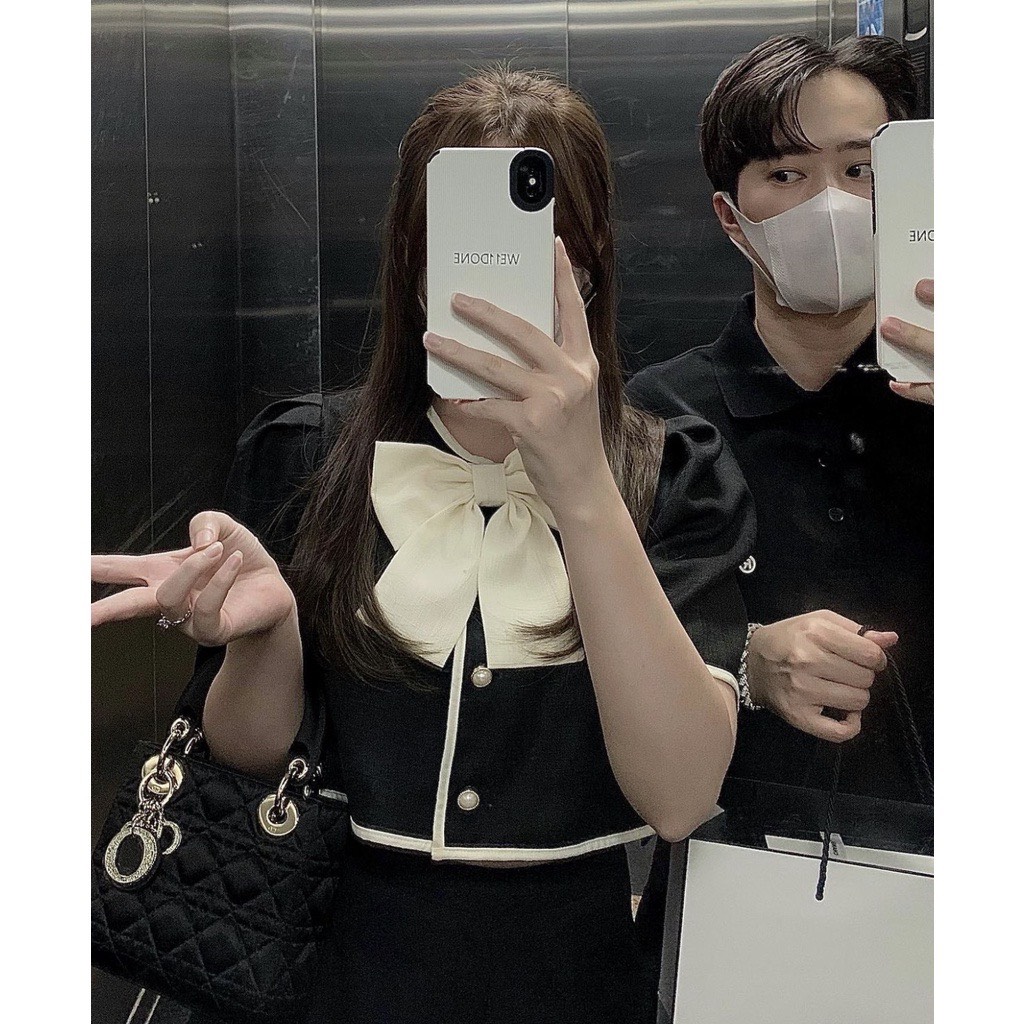 SET áo cổ V tiểu thư nơ to ngực phối viền + quần short basic