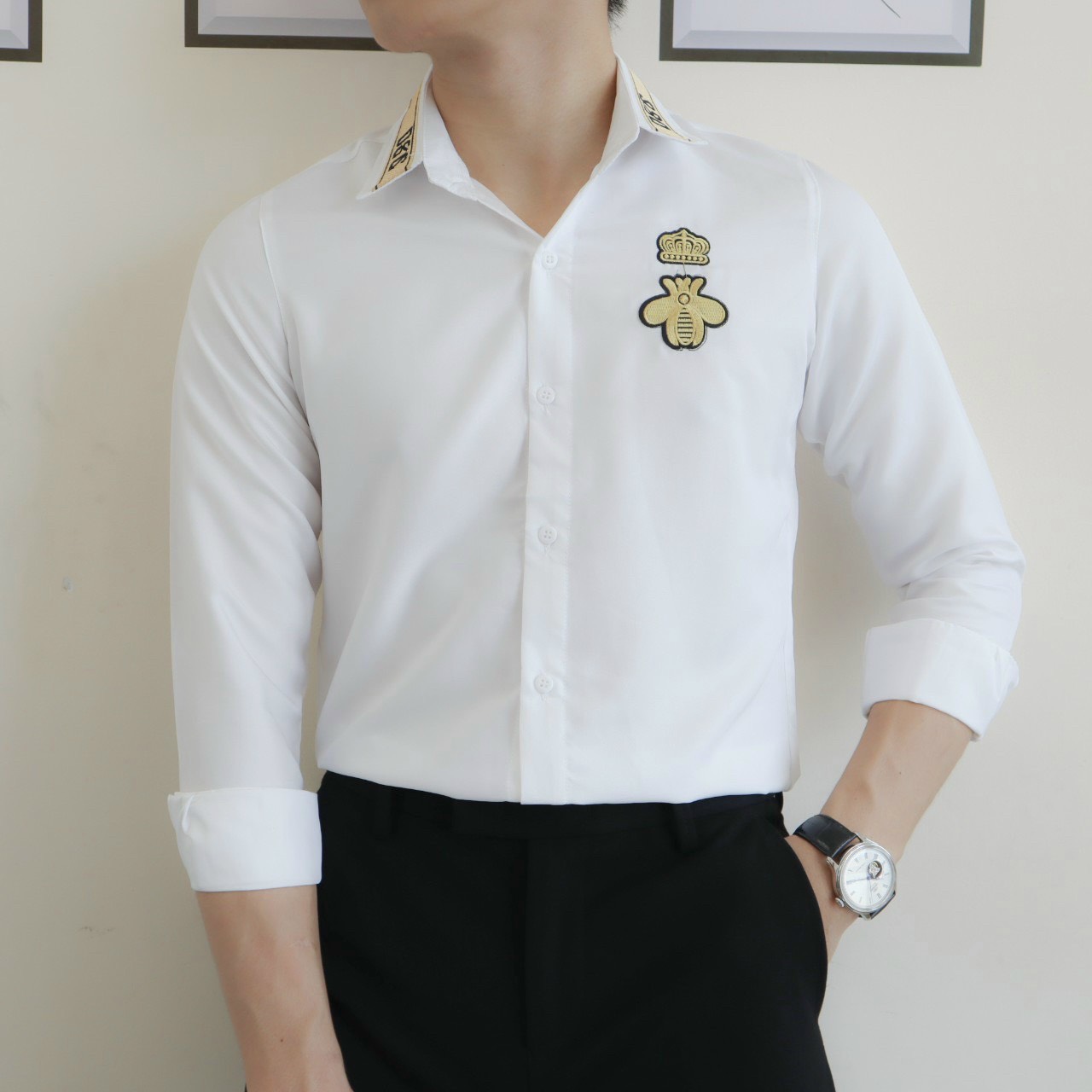 Áo sơ mi nam dài tay trơn basic logo trên ngực tm026