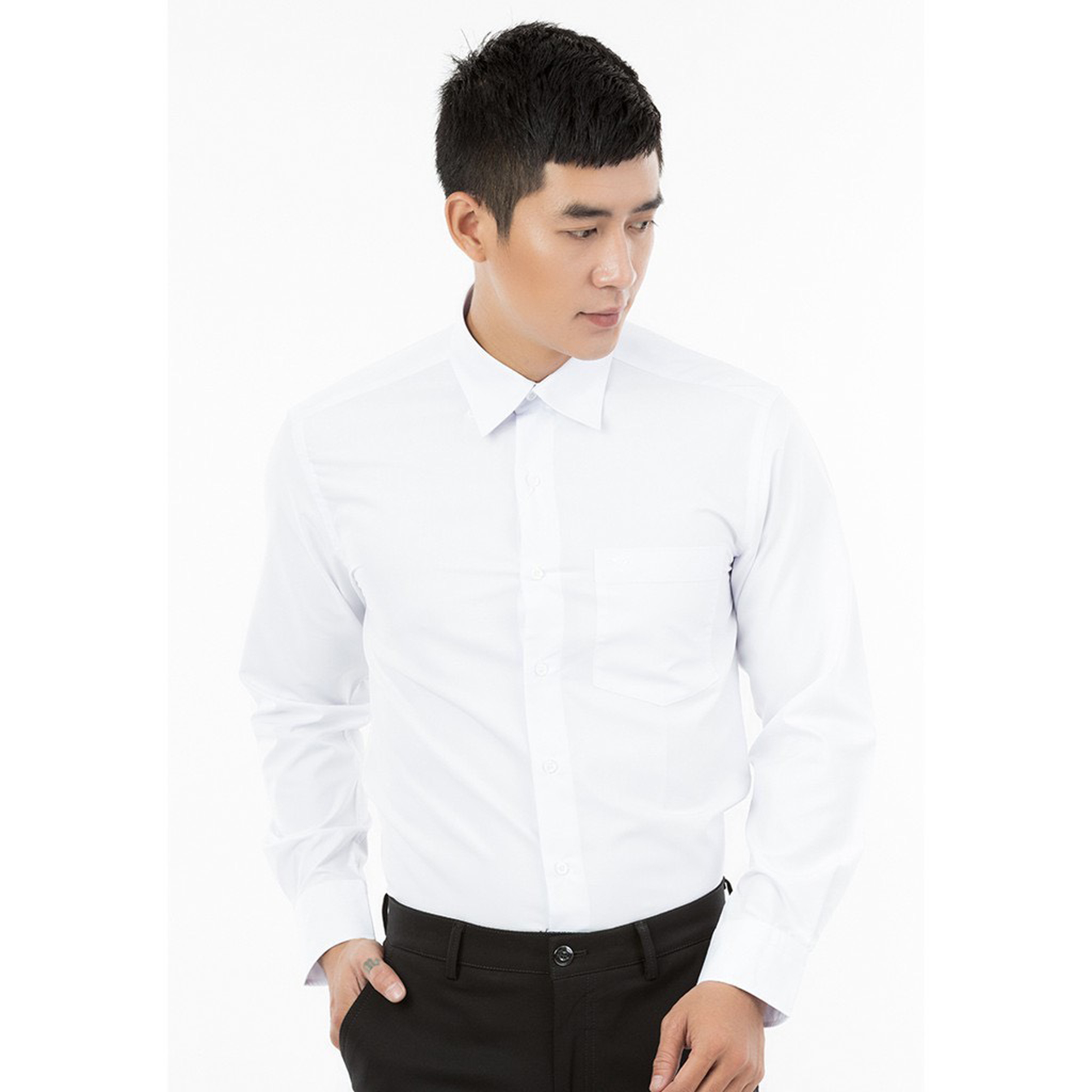 (Freeship) Áo Sơ Mi Nam Dài Tay Màu Trắng Vĩnh Tiến Form Reguler Vạt Ngang 360