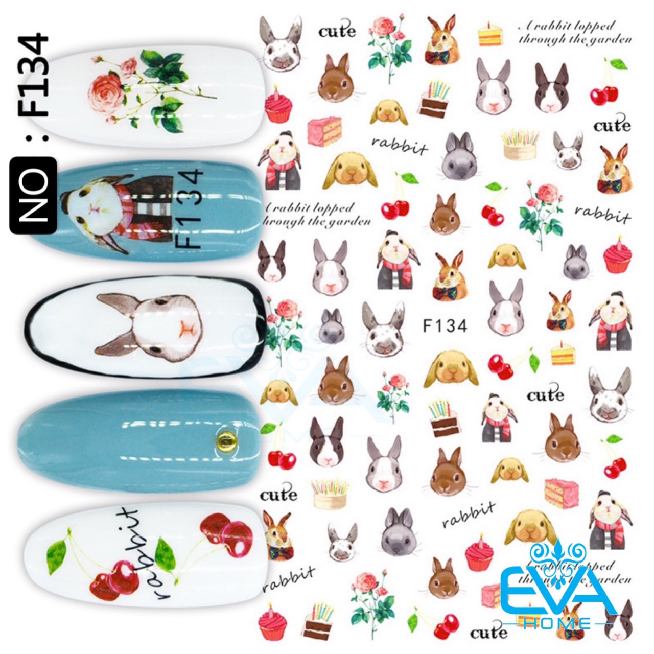 Decal dán móng tay 3d nail sticker hoạ tiết hoạt hình chú thỏ đáng yêu rabbit cute f134
