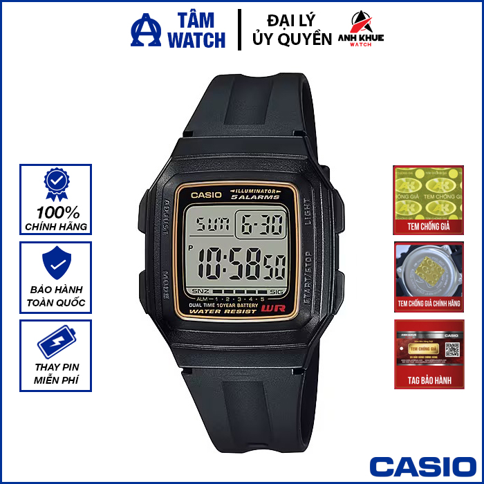Đồng hồ nam dây nhựa casio standard chính hãng anh khuê f-201wa-9adf