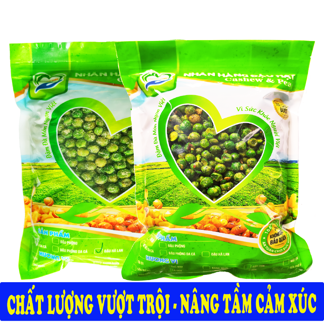 Combo 1KG 2 Vị Đậu Hà Lan Tự Chọn: Rang Tỏi Ớt Và Rang Phô Mai Tâm Đức Thiện 2 Túi ZIP 500GR