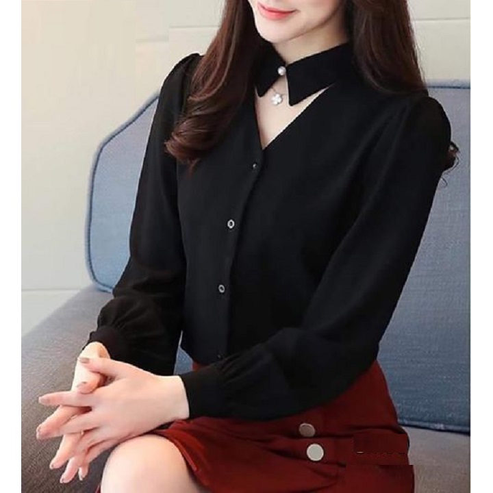Áo sơ mi nữ công sở kiểu cổ nút ngọc dễ thương