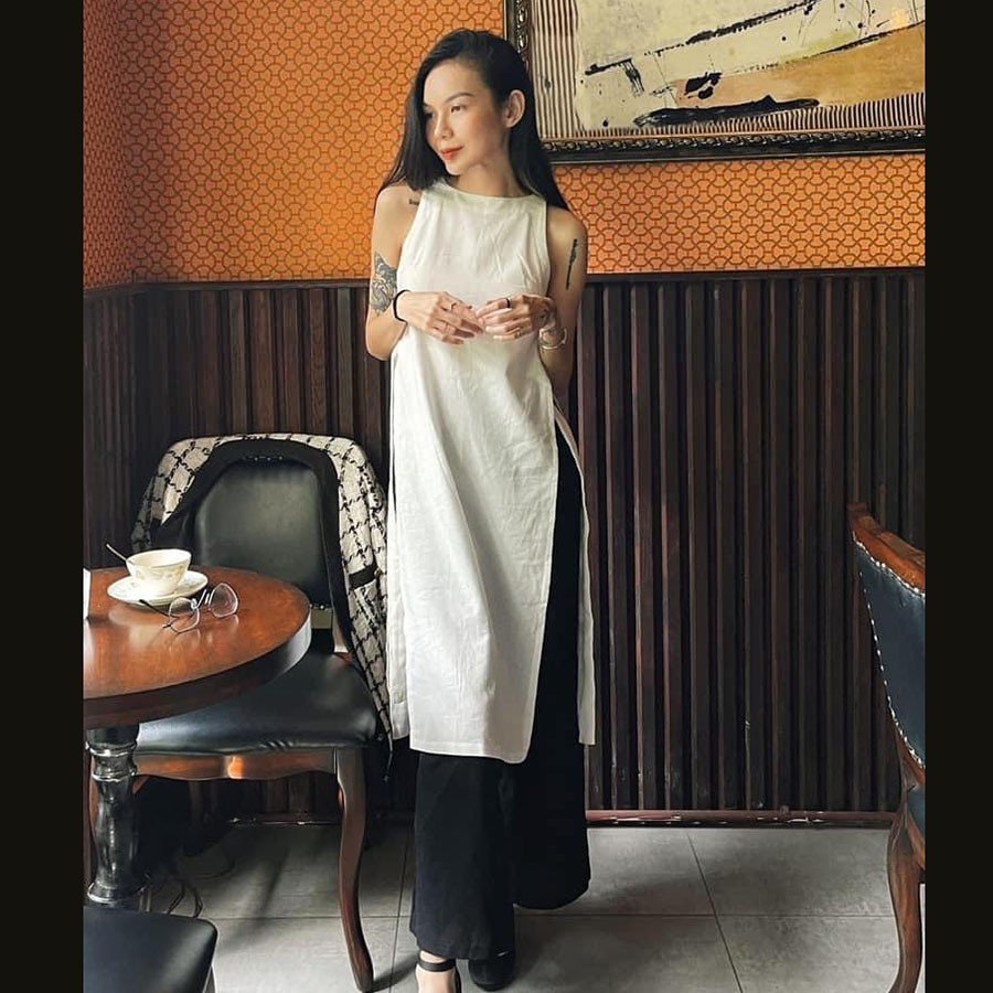 Áo dài cách tân Linen bột Premium không tay, chất vải Linen tự nhiên mộc mạc - Áo trắng, Quần đen