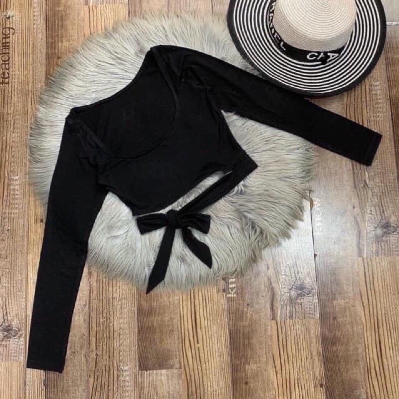 Aó croptop tay dài cột nơ eo, áo cột nơ eo