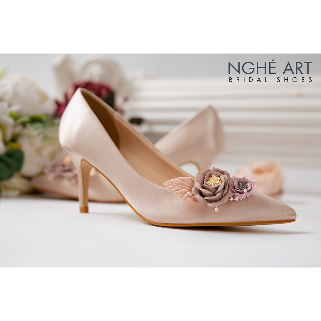 Giày cưới Nghé Art lụa satin hoa vinatge 354