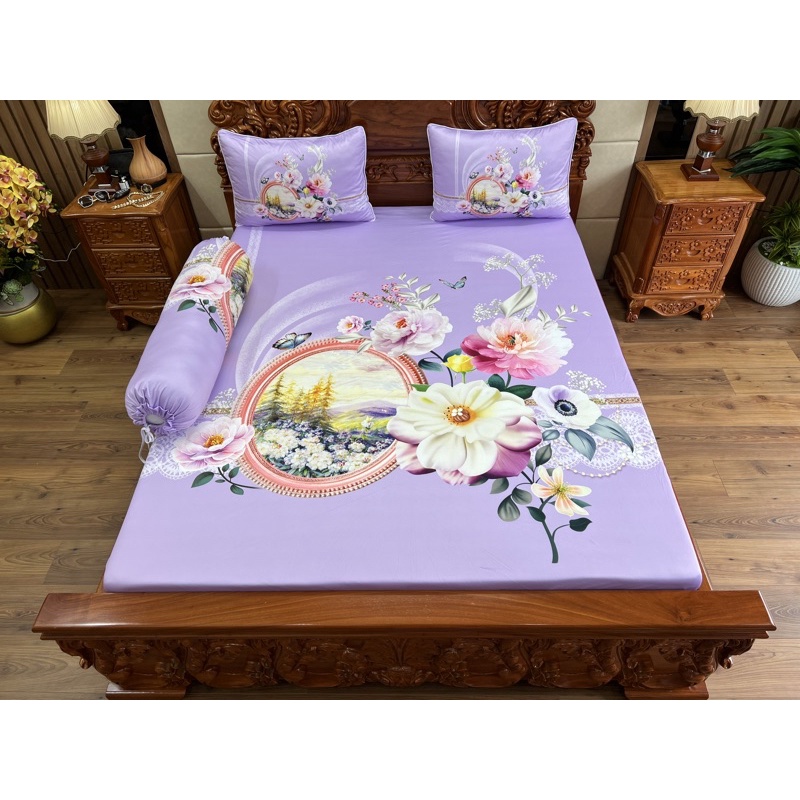 Free Ship Bộ ga gối thun siêu mát lạnh 5D hoa tím Như Lan