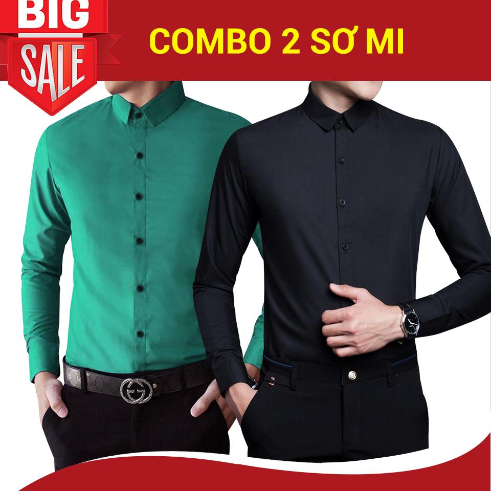 Combo 2 sơ mi lụa trơn (đen + xanh bích) đẳng cấp