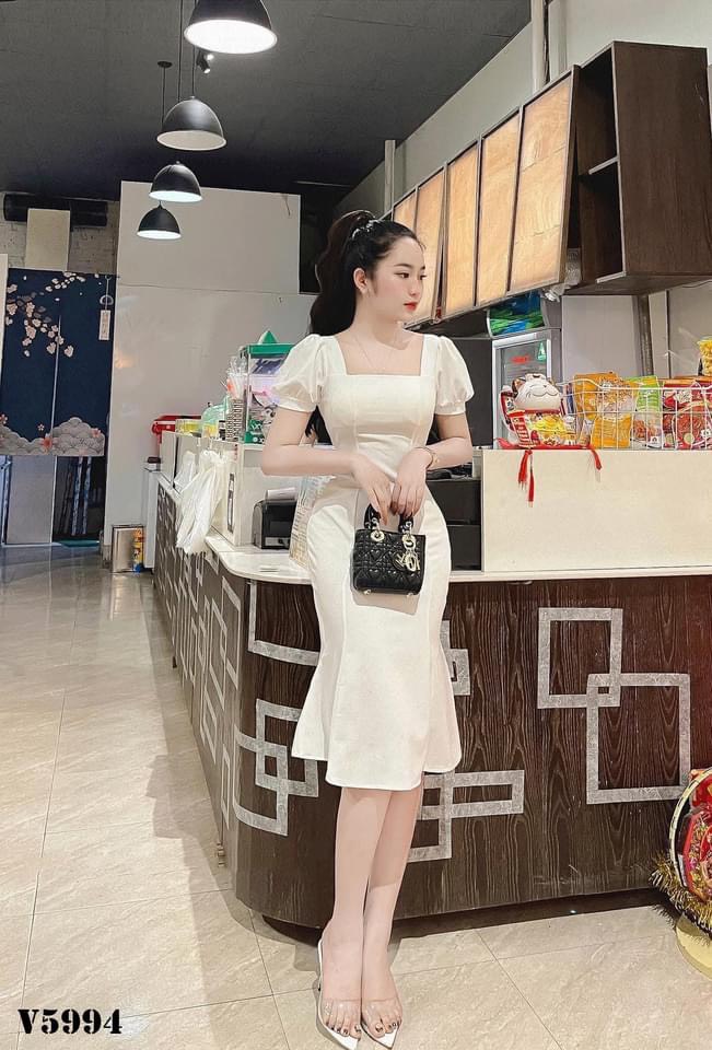 Đầm Lụa Trắng Dáng Dài Tiểu Thư Midi Lái Đuôi Cá - Váy Dự Tiệc Cưới Cổ Vuông Ulzzang