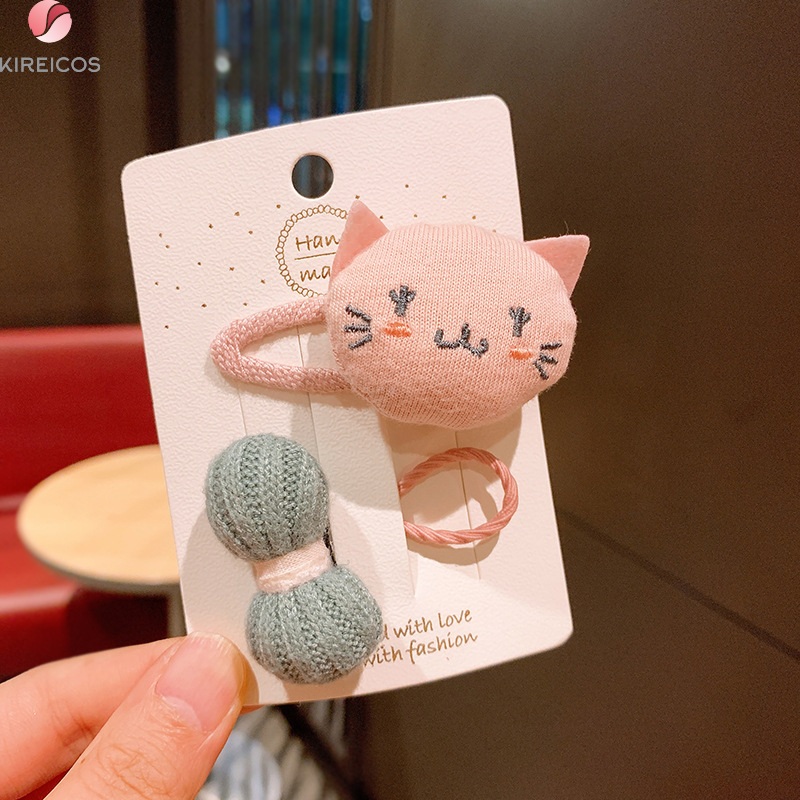 Set 2 Kẹp Tóc Cột Tóc Hình Thú Dễ Thường Và Nơ Len