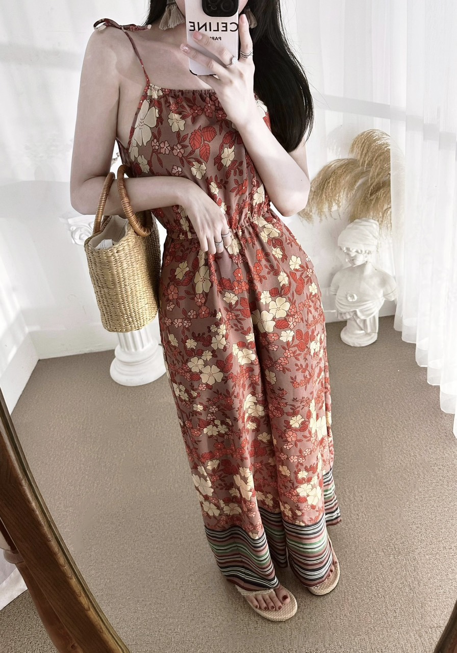 Jumpsuit 2 dây lụa họa tiết